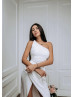 Asymmetrical Satin Glitter Split Maxi Party Dress